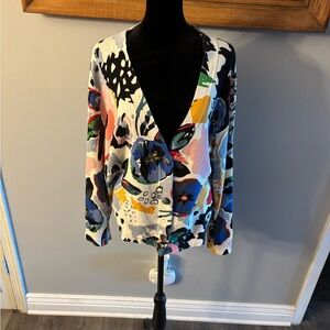 Wispr By Brodie Floral Cotton/Nylon/Silk Blend V-Neck Cardigan Sweater Sz L